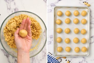 Side by side photo with of rolling peanut butter balls.