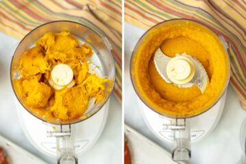 Side by side photo of food processor before and after blending flesh of pumpkin.