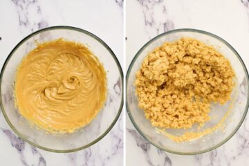 Side by side photo of peanut butter ball mixture before and after adding powdered sugar.