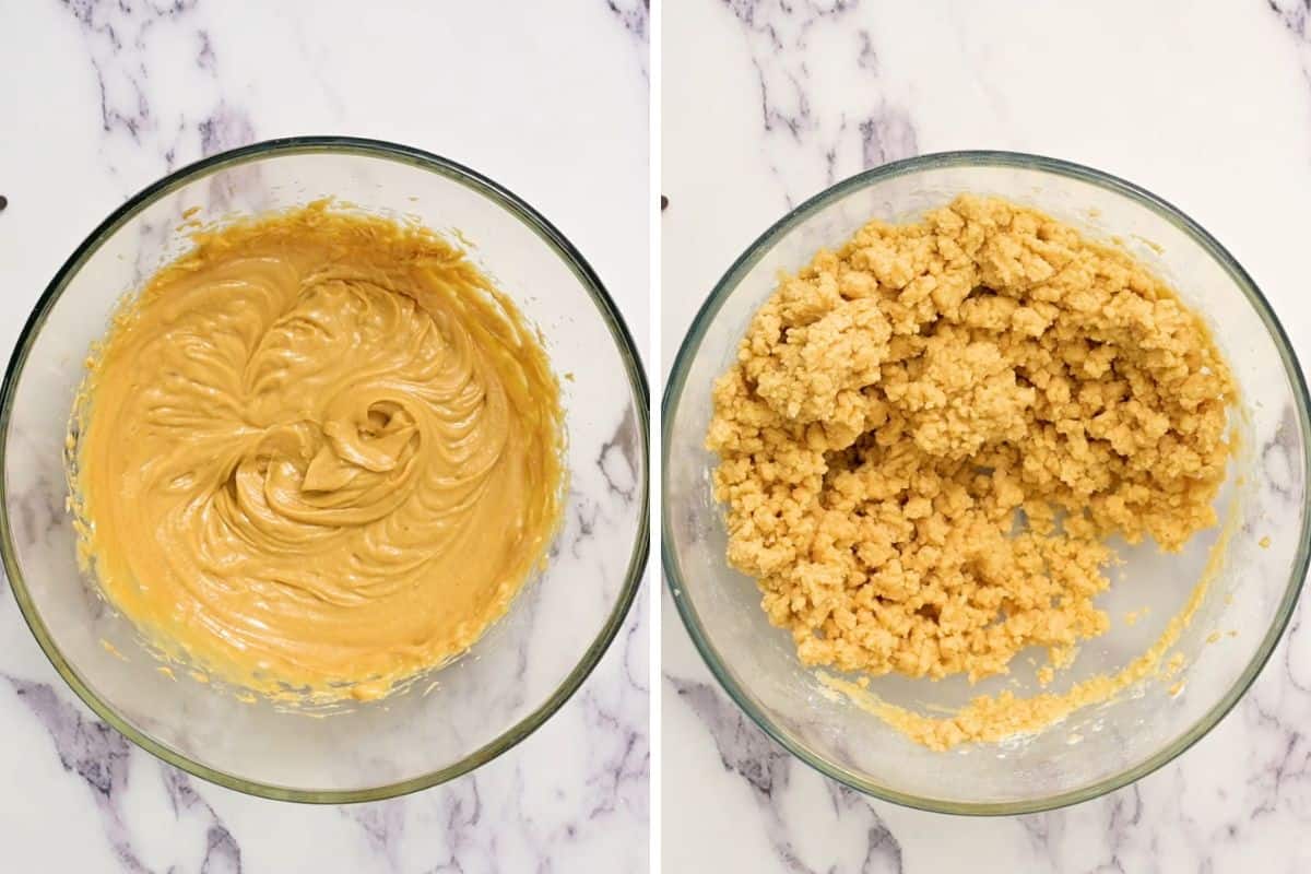 Side by side photo of peanut butter ball mixture before and after adding powdered sugar.