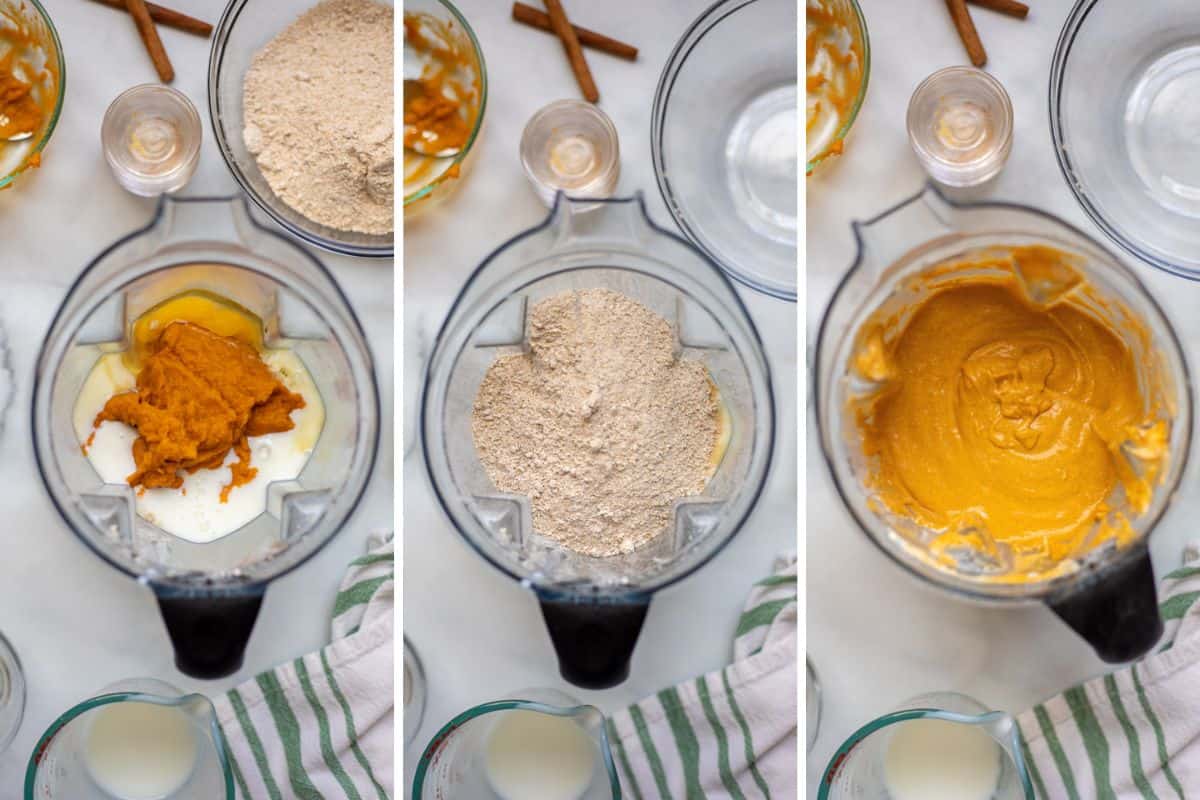 Three photos side by side showing adding wet ingredients to blender, then oat flour, then after blending waffle batter.