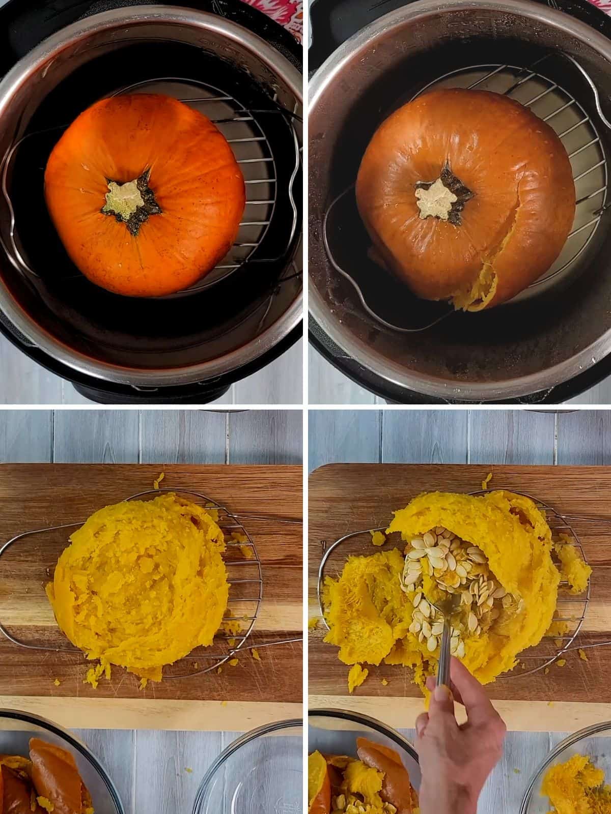 Collage of 4 pictures showing cooking pumpkin in instant pot and removing seeds.