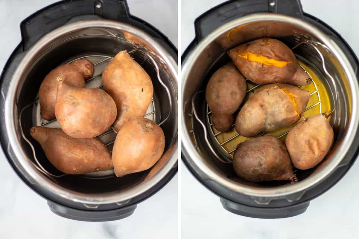 Side by side photo of instant pot with sweet potatoes in the inner pot of the instant pot before and after cooking.