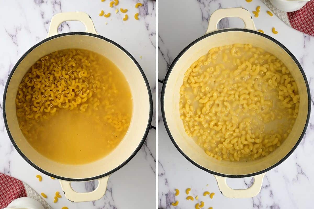 Side by side photo showing pot with elbow noodles before and after simmering in broth.
