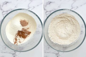 Side by side photo showing dry ingredients before and after whisking together.