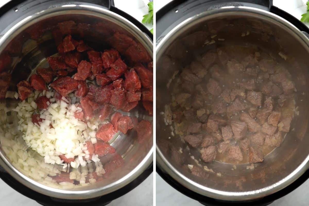 Side by side photos of inner pot with onions and beef inside inner pot before and after sauteeing the beef.