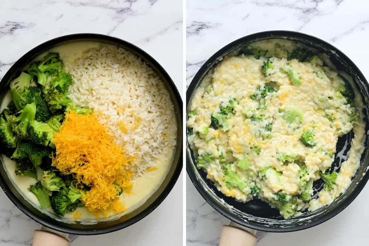 Side by side saute pan before and after mixing rice, cheese, and broccoli into bechemel sauce.