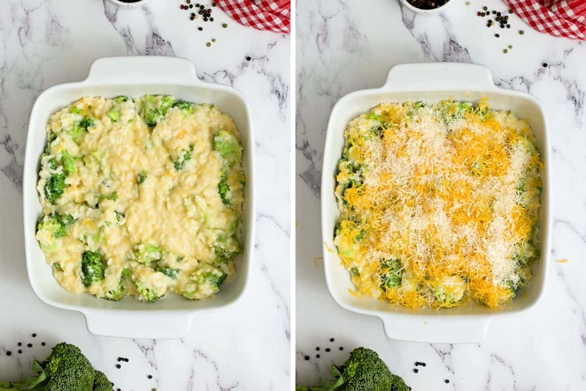 Side by side broccoli cheese rice casserole before and after adding cheese.