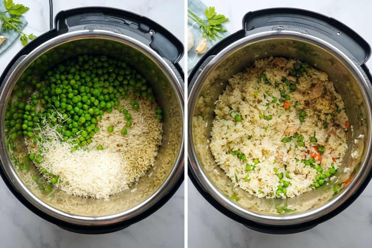Side by side picture of instant pot before and after fluffing rice with parmesan and peas.