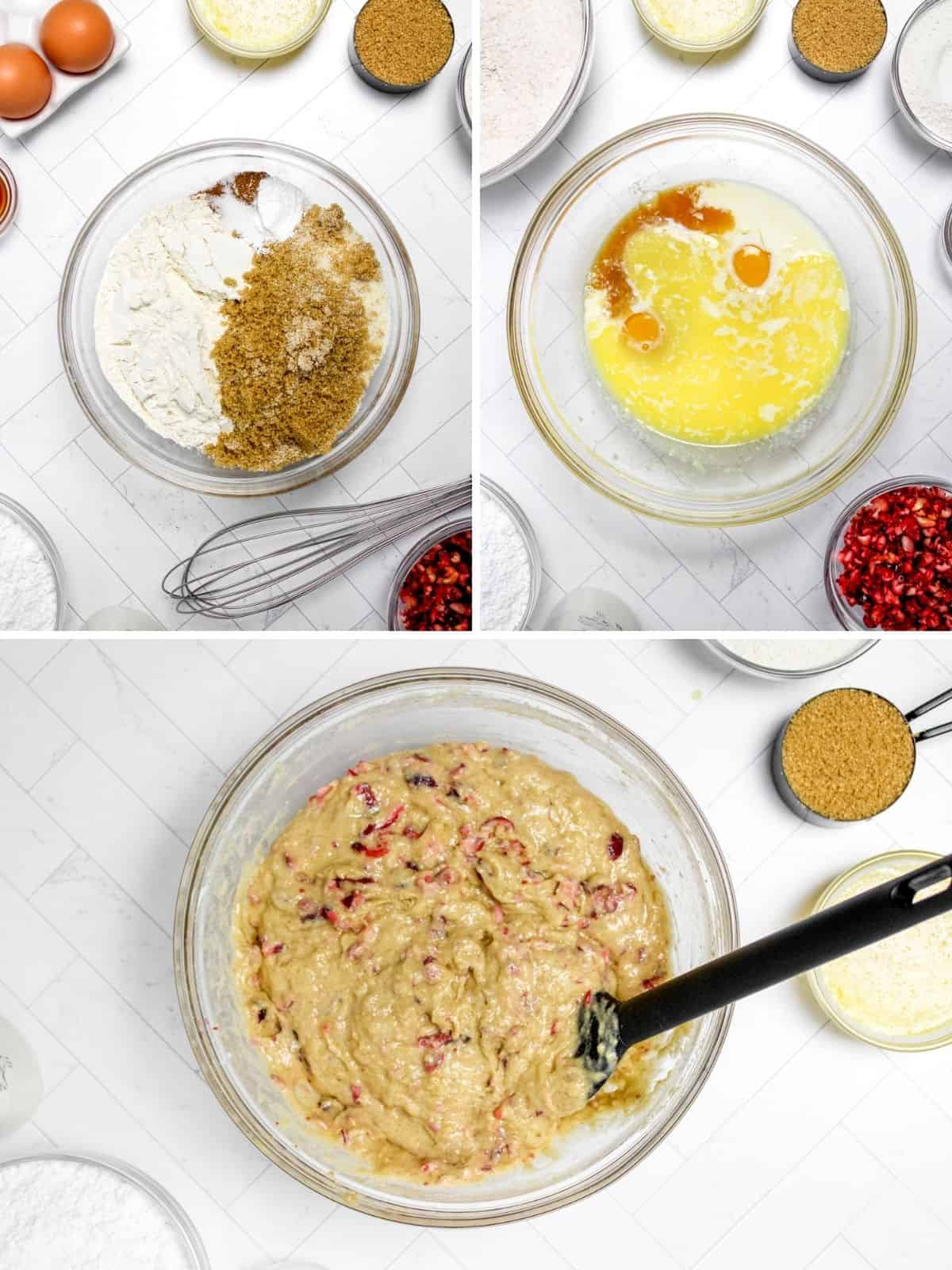 Three photos showing steps of making cranberry orange muffin batter.