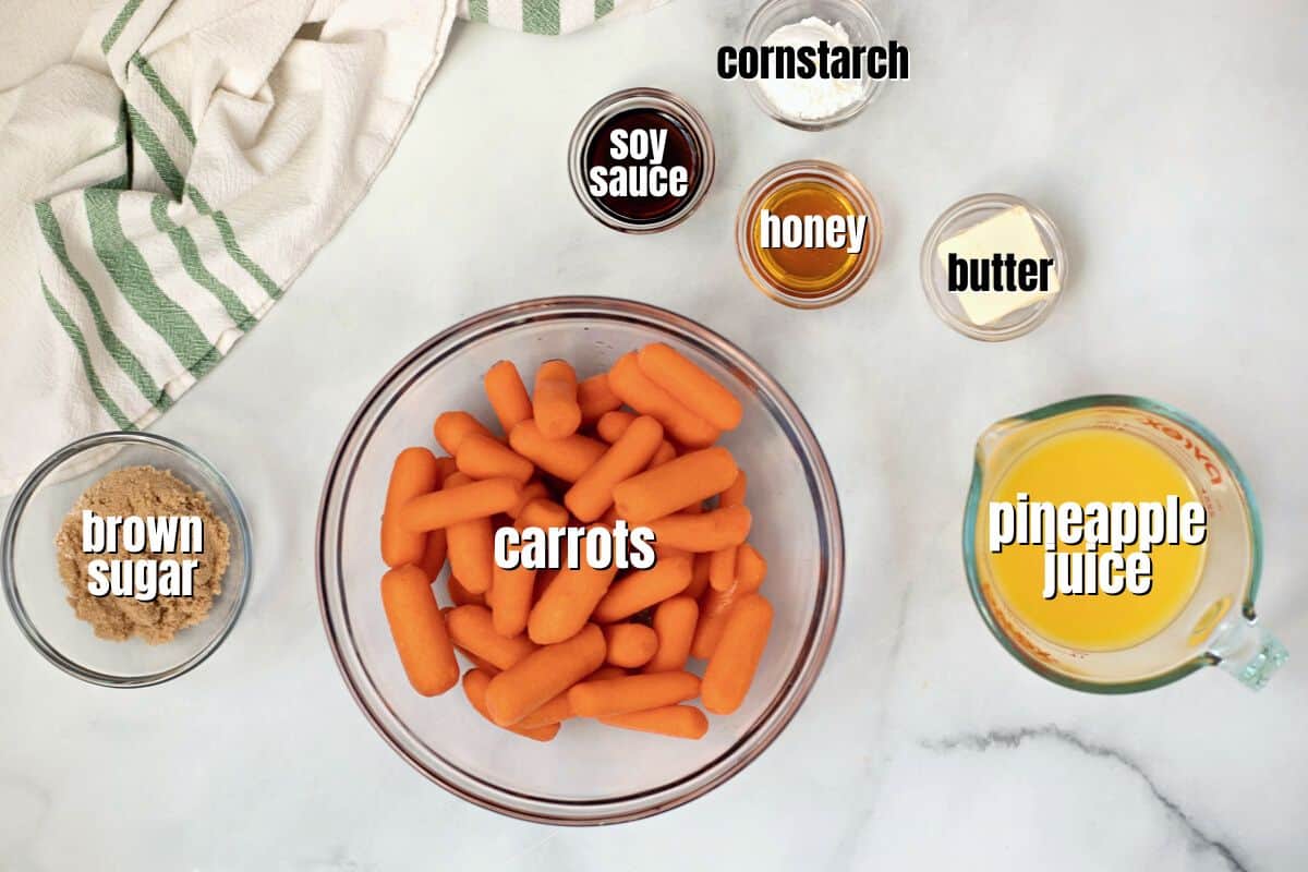 Ingredients for instant pot carrots on counter labeled.