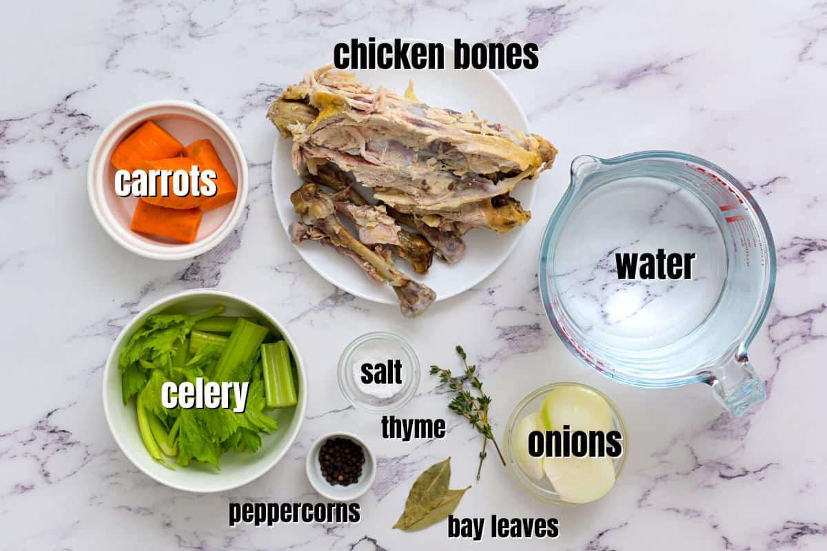 Ingredients for Chicken Stock labeled on counter.