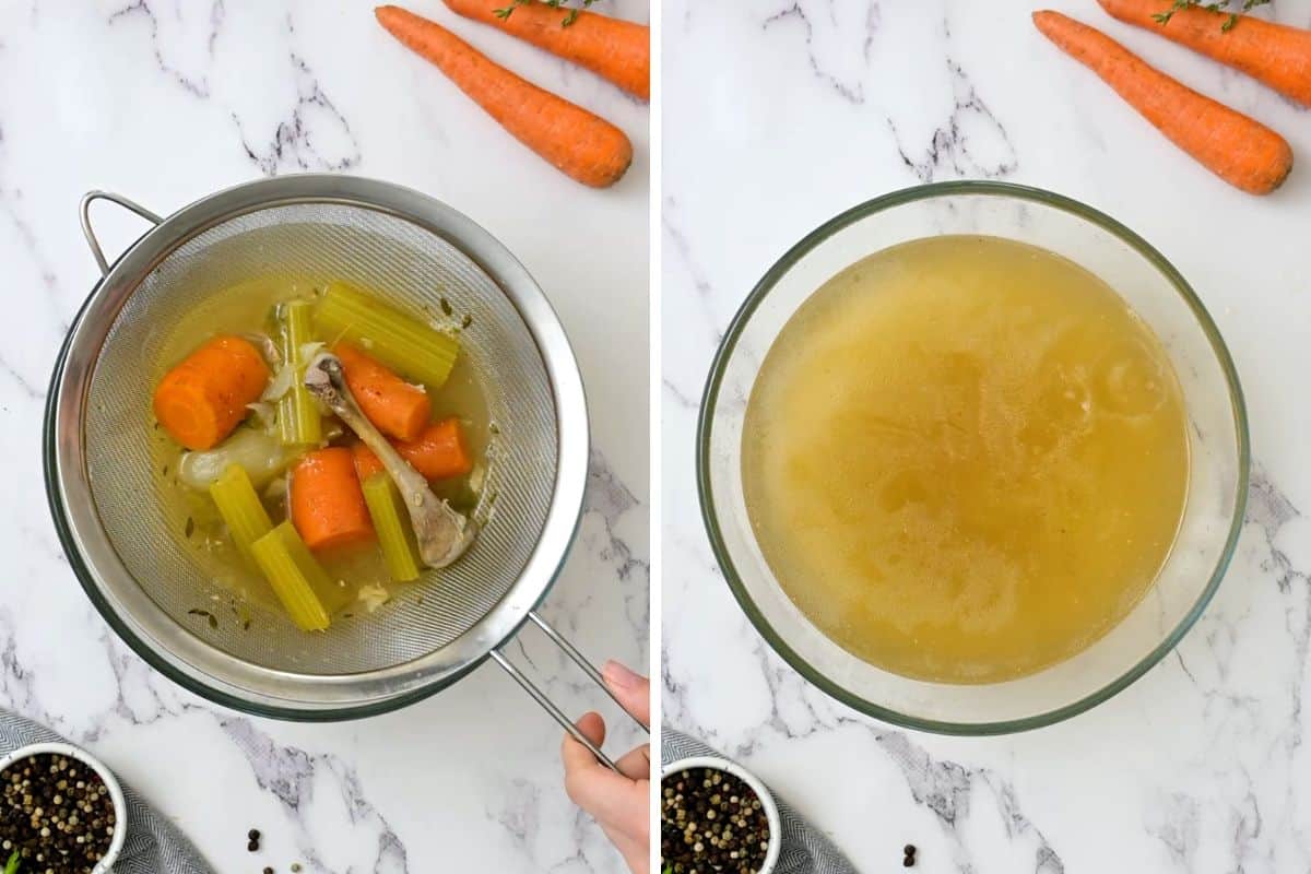Two photos showing straining off solids of chicken broth using a fine-mesh strainer.