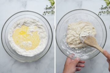 Side by side photo of before and after mixing homemade biscuit dough.
