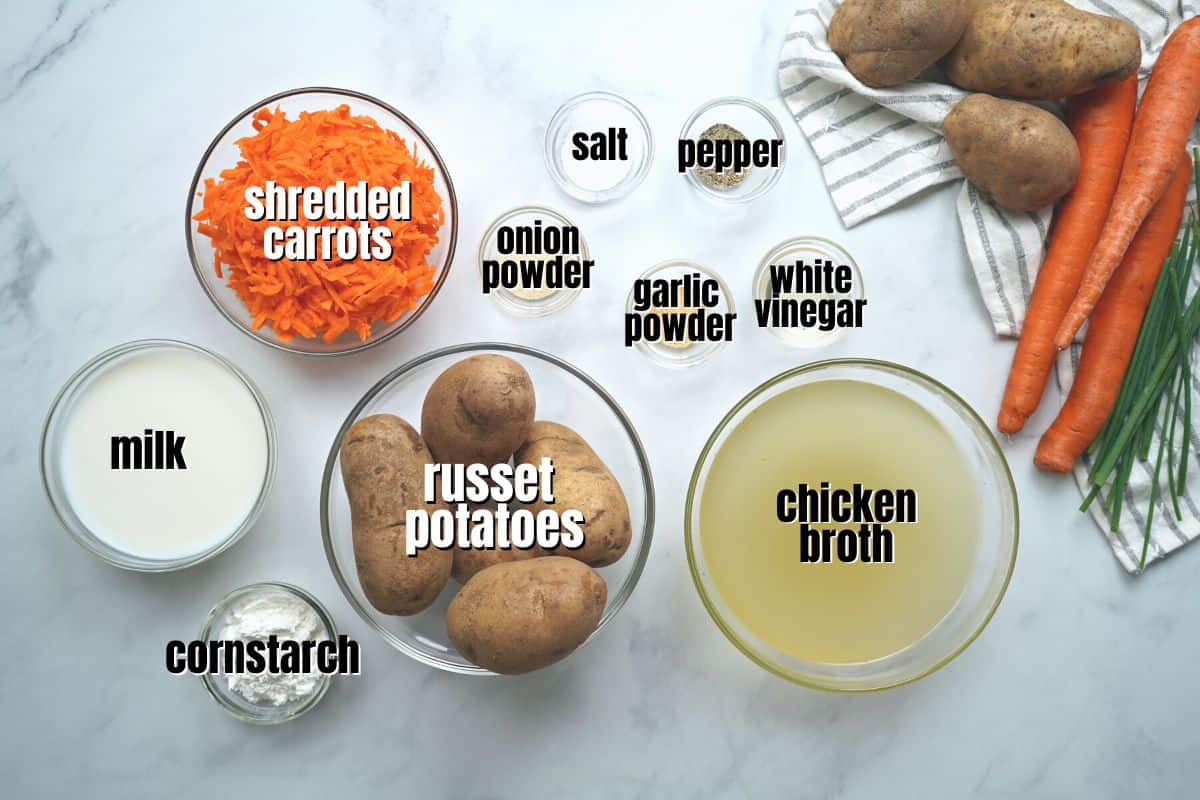 Ingredients for instant pot potato soup labeled on counter.