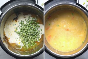 Side by side photo of instant pot before and after stirring in the peas and heavy cream.