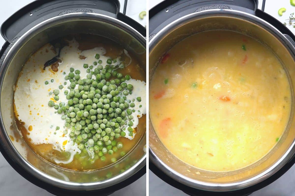 Side by side photo of instant pot before and after stirring in the peas and heavy cream.