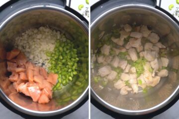Side by side photo of chicken and vegetable before and after sauteeing in the instant pot.