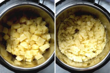 Side by side photo of cooked potatoes before and after mashing in the instant pot.