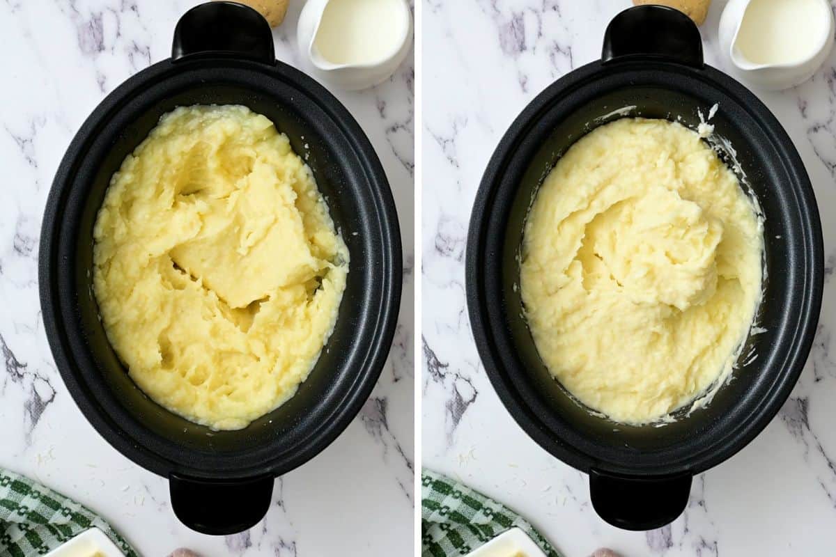 Side by side photo showing mashed potatoes in crockpot before and after adding sour cream.