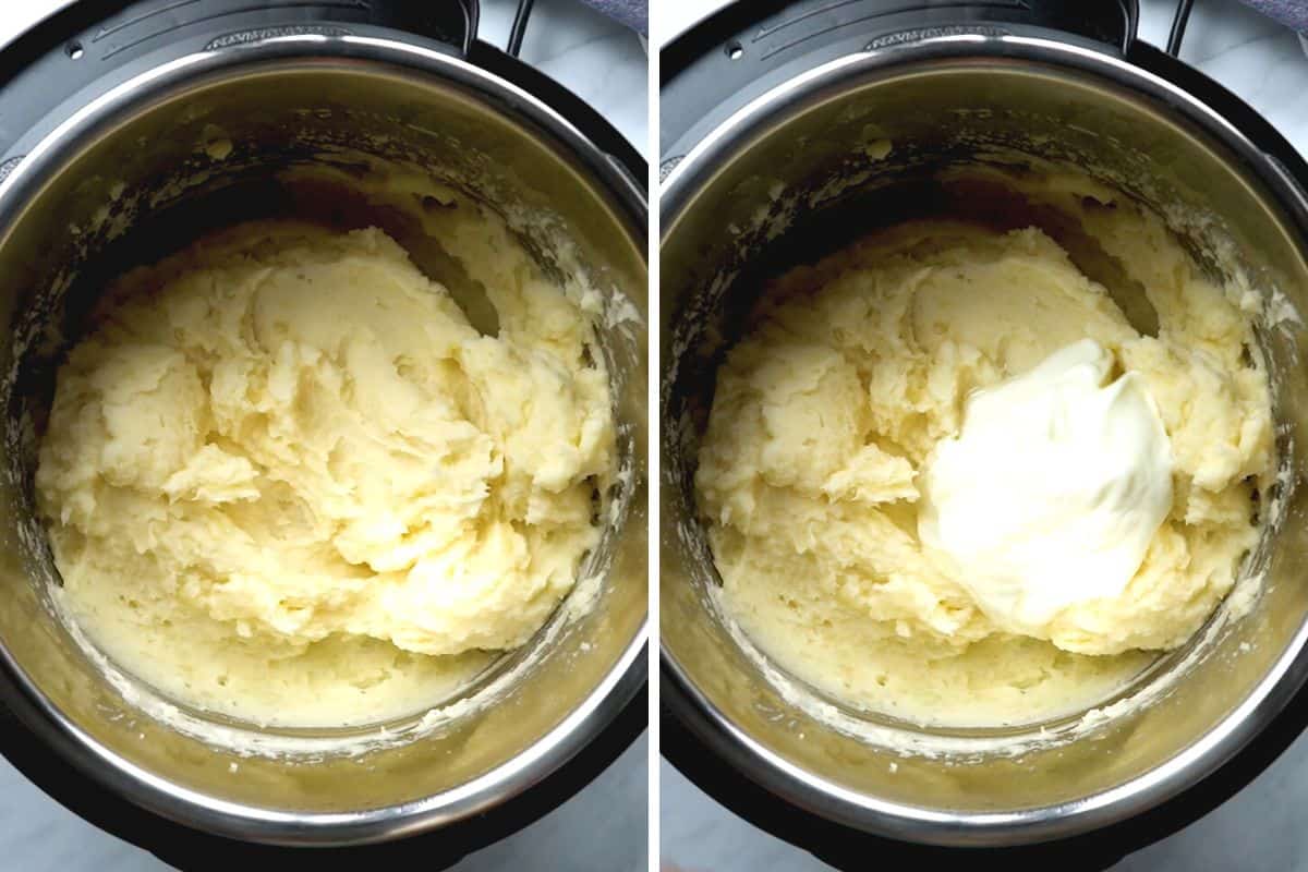 Side by side photo showing mashed potatoes in instant pot before and after adding sour cream.