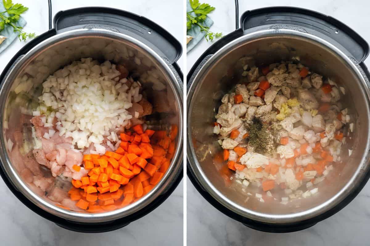 Side by side photos of instant pot before and after sauteed with chicken and vegetables.