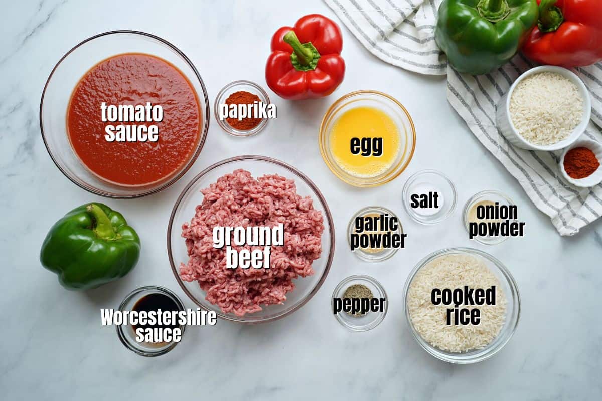 Ingredients for Instant Pot Stuffed Peppers labeled on counter.