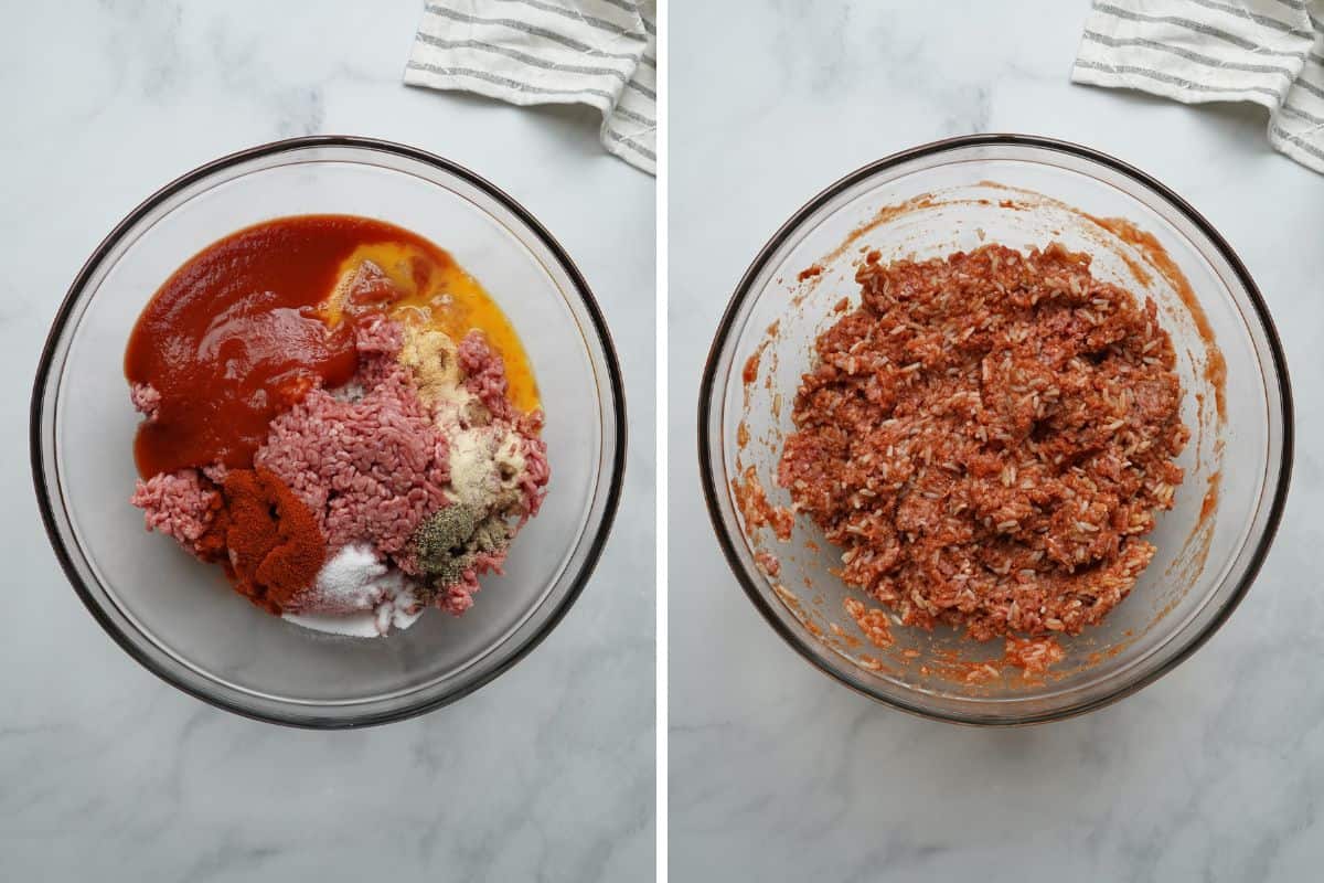 Side by side photo showing pepper filling before and after mixing.