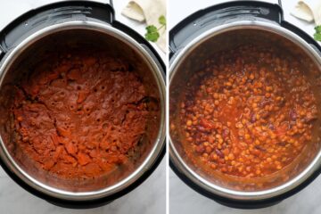 Side by side photo of pressure cooked instant pot lentil chili before and after stirring.