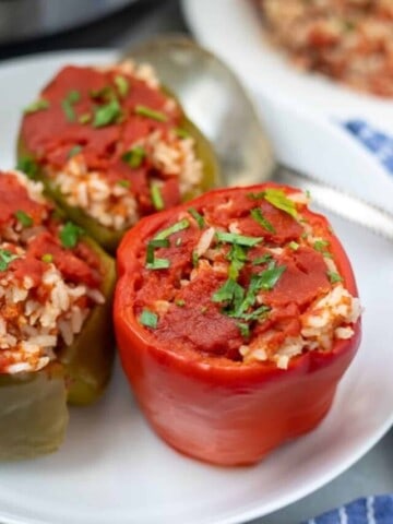 Stuffed Red Bell Pepper on white plate topped with parsley.