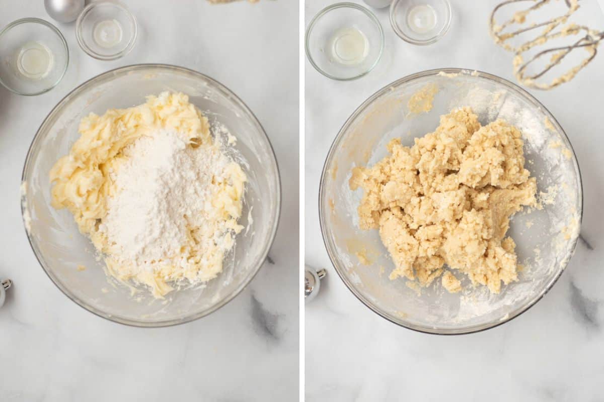 Side by side photos of mixing bowls before and after mixing in flour.
