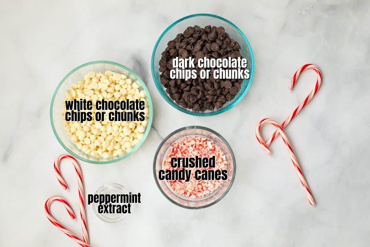 Ingredients for Peppermint Bark labeled on counter.