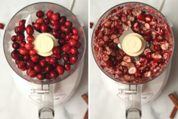 Side by side pictures of food processor before and after pulsing cranberries.