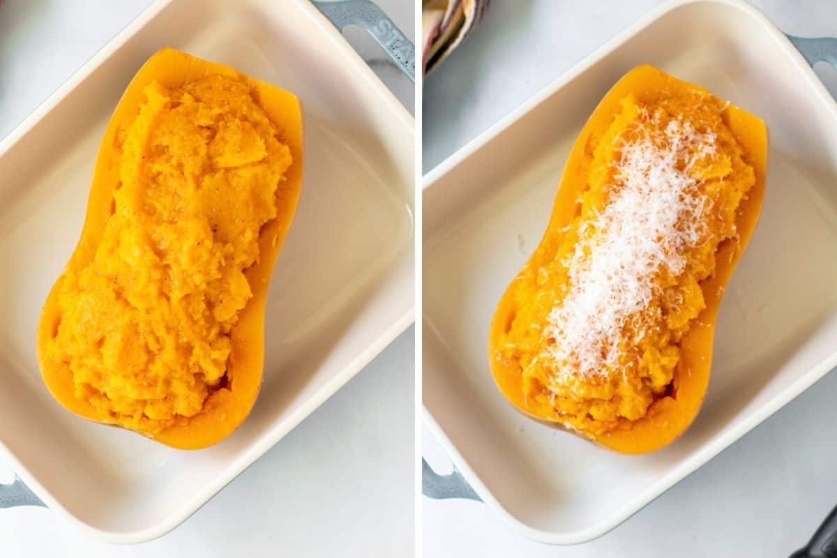 Side by side photo showing butternut squash half filled with squash mixture and then topped with parmesan cheese.