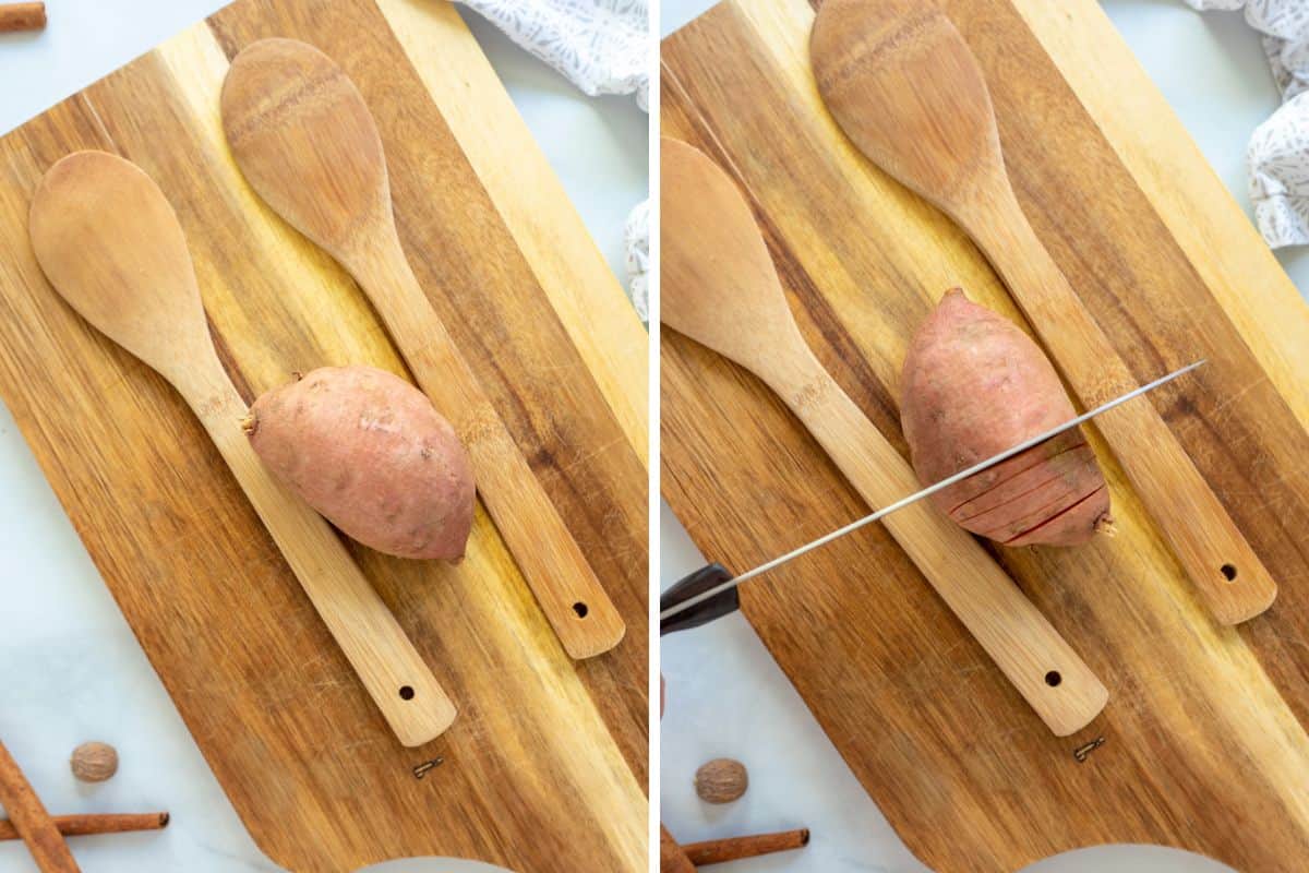 Side by side photo showing using wooden spoons to guide cutting hasselback potatoes.