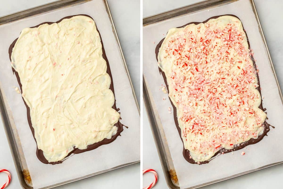 Side by side pictures showing spreading white chocolate over dark chocolate and then sprinkling with candy canes.