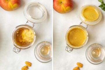 Side by side photo of maple dijon dressing in container before and after mixing it together.