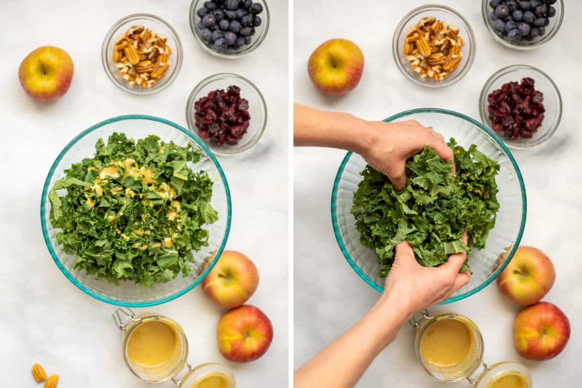Side by side photo showing kale salad with maple dressing before and while massaging the dressing into the greens.