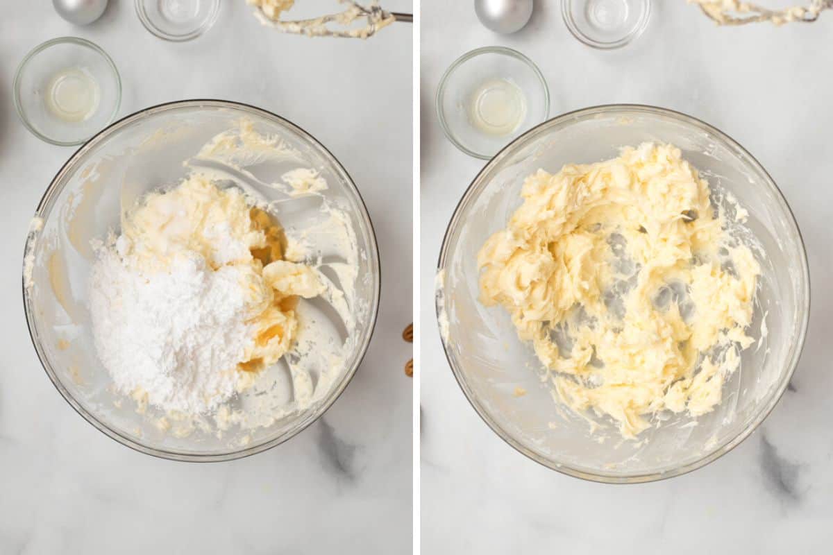 Side by side photos showing bowls adding sugar, vanilla, salt, and then after being creamed.