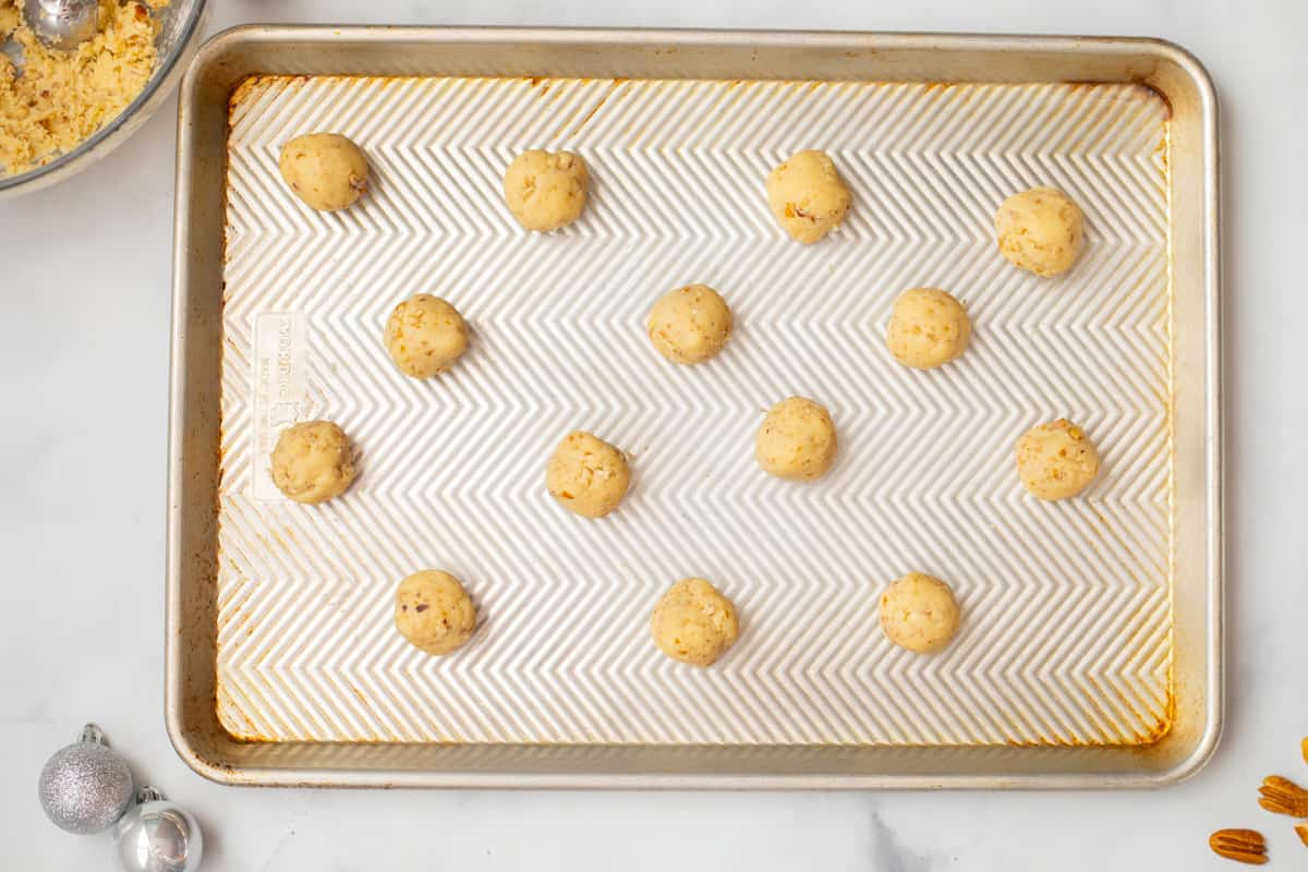 Snowball Cookies on baking sheet before baking.