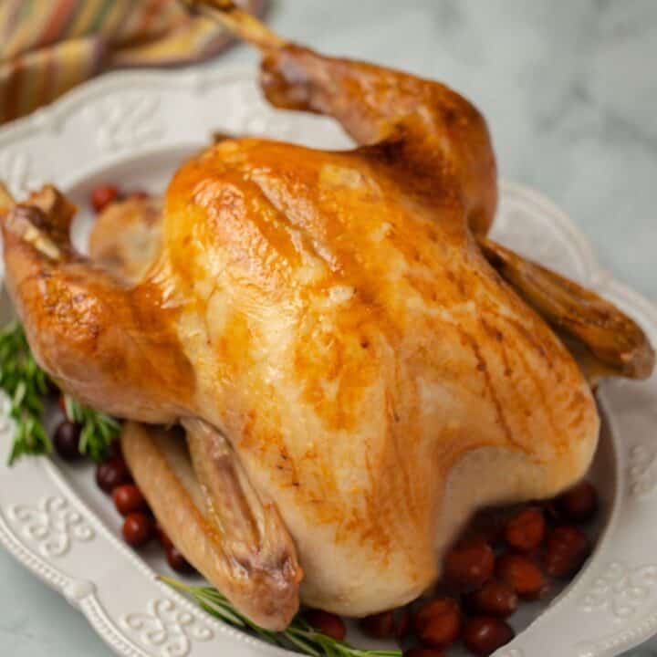 Roasted turkey on white platter with whole cranberries.