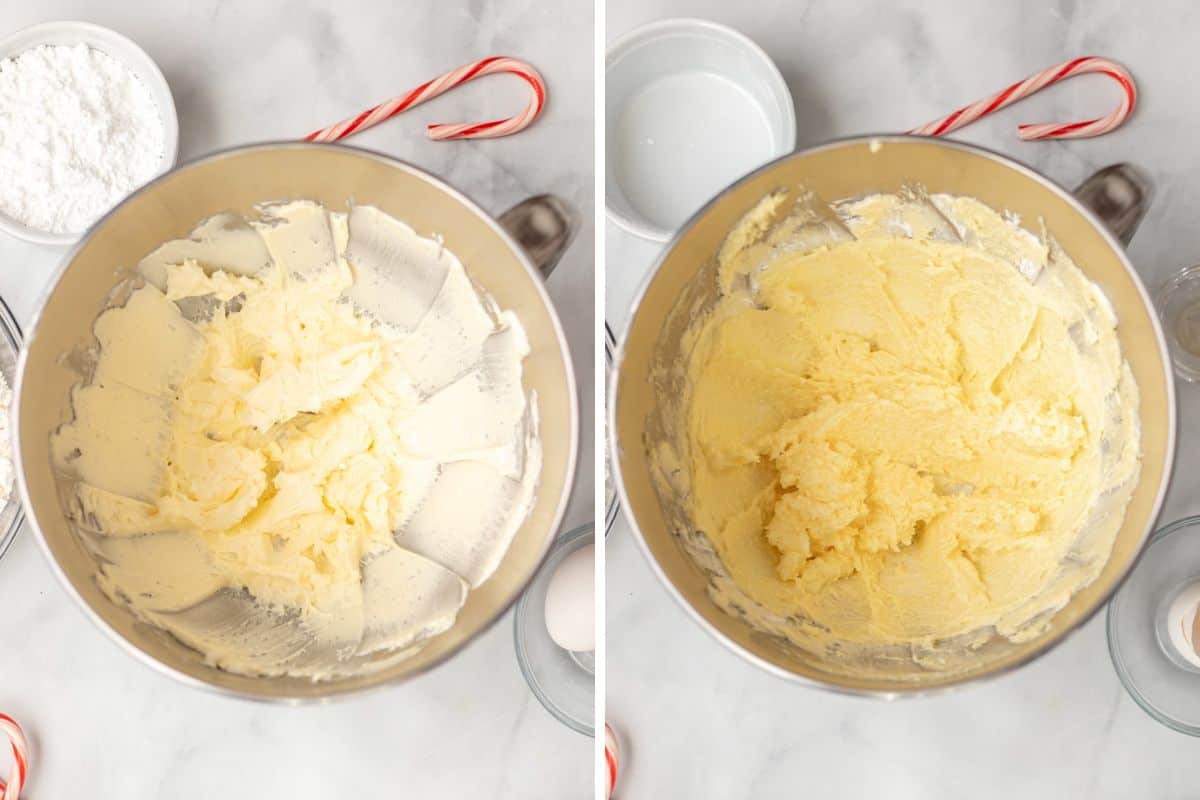 Side by side photo showing batter after creaming butter and then after adding egg and sugar.