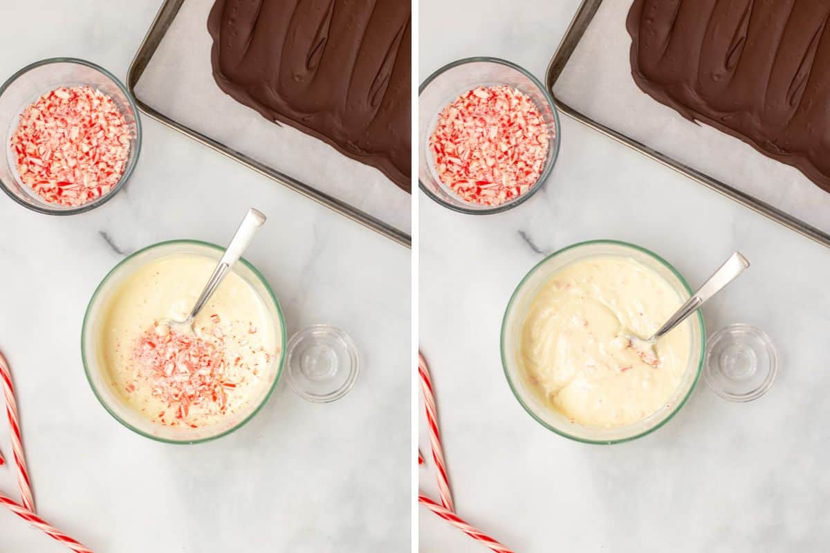 Side by side picture of white chocolate before and after adding in candy canes.