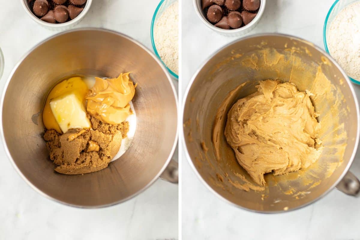 Side by side mixing bowl before and after creaming butter and peanut butter.