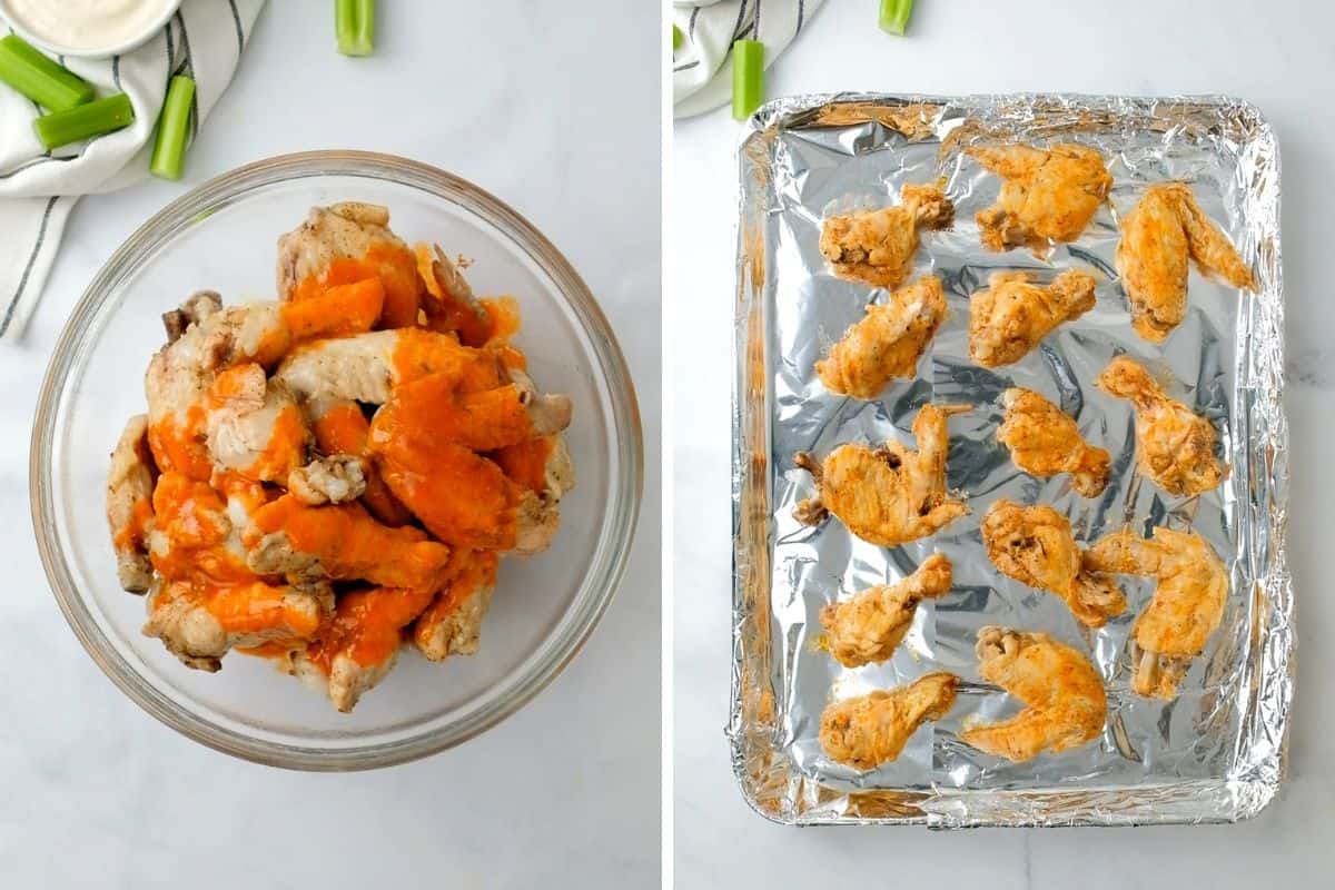 Side by side photo of chicken wings before and after being tossed with buffalo sauce.