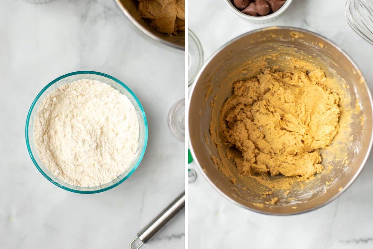 Side by side photo of bowls with dry ingredients and then after mixed into wet ingredients.