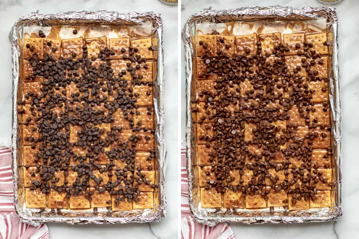Side by side photo showing chocolate chips sprinkled on top of the saltine crackers before and after heating.