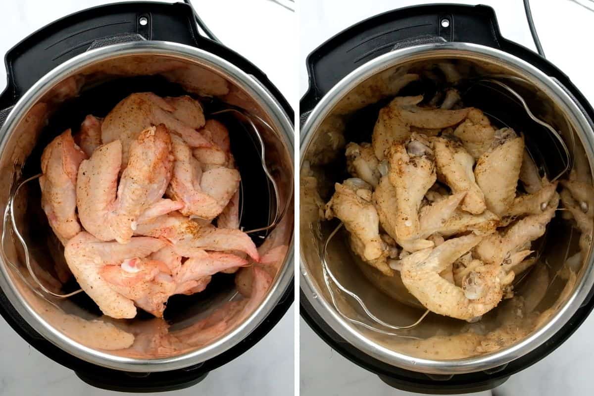 Side by side photo of chicken wings in instant pot before and after pressure cooking.