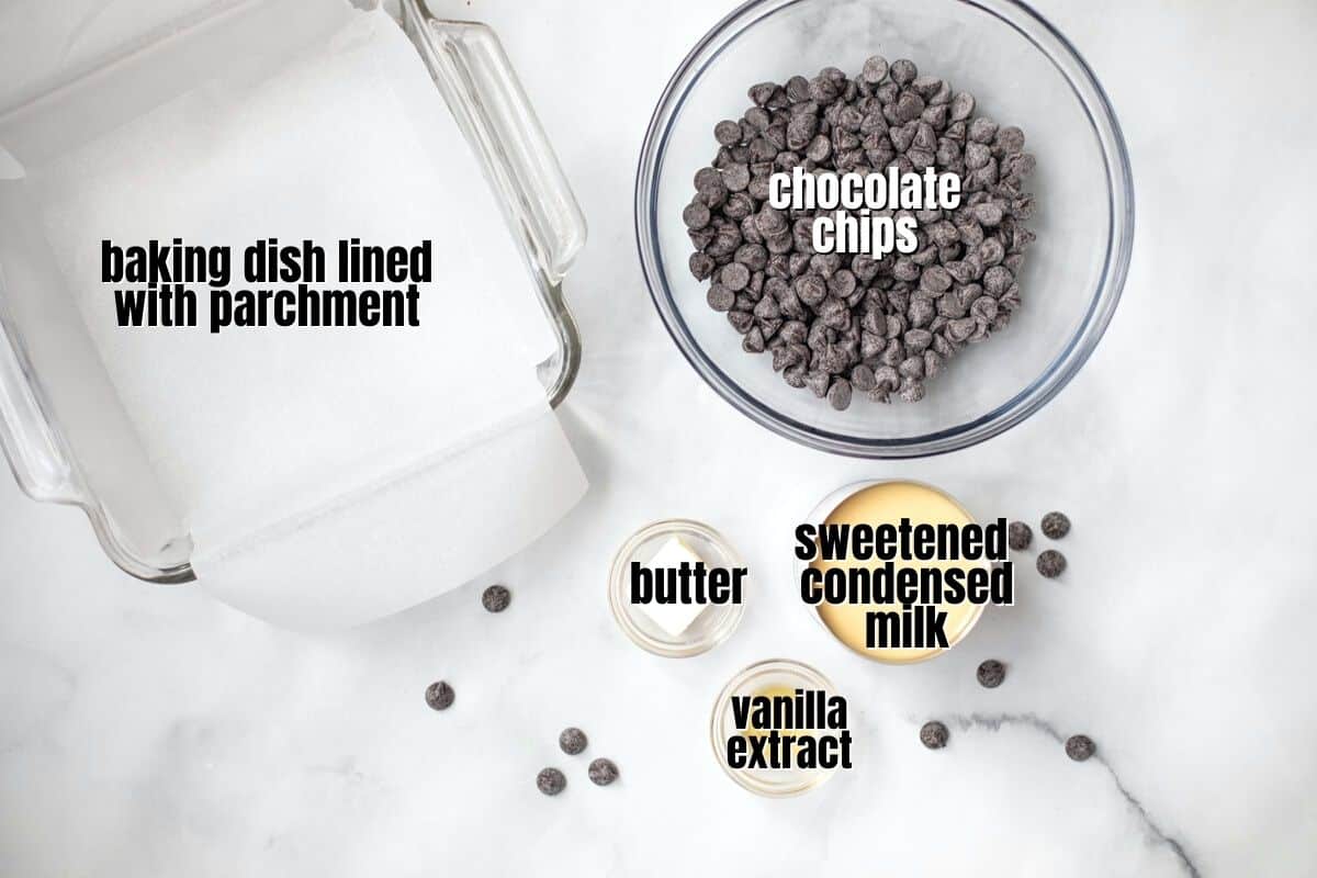 Ingredients for easy homemade fudge labeled on counter.