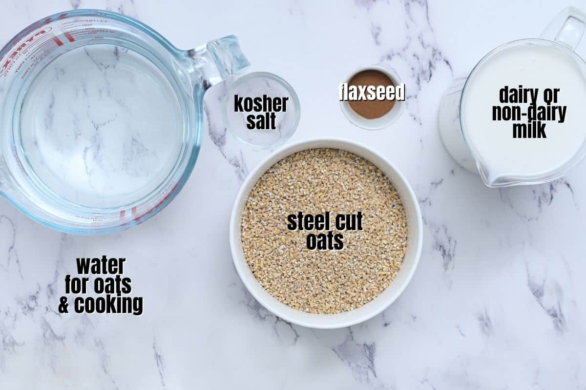 Ingredients for Steel Cut Oatmeal labeled on counter.